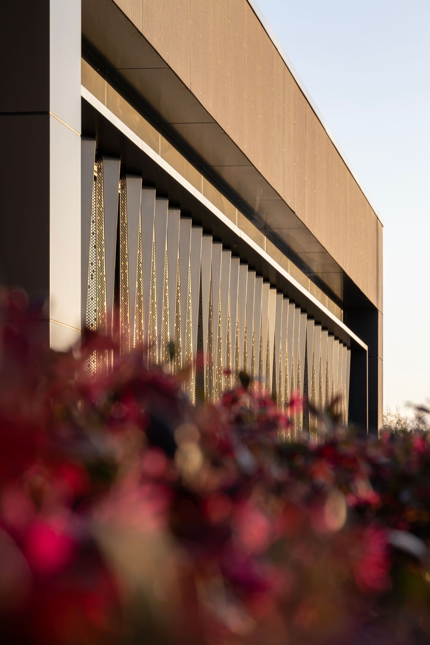 Crisp monochrome townhouse facade with vertical ribbed cladding and stark contrast between light and dark forms.