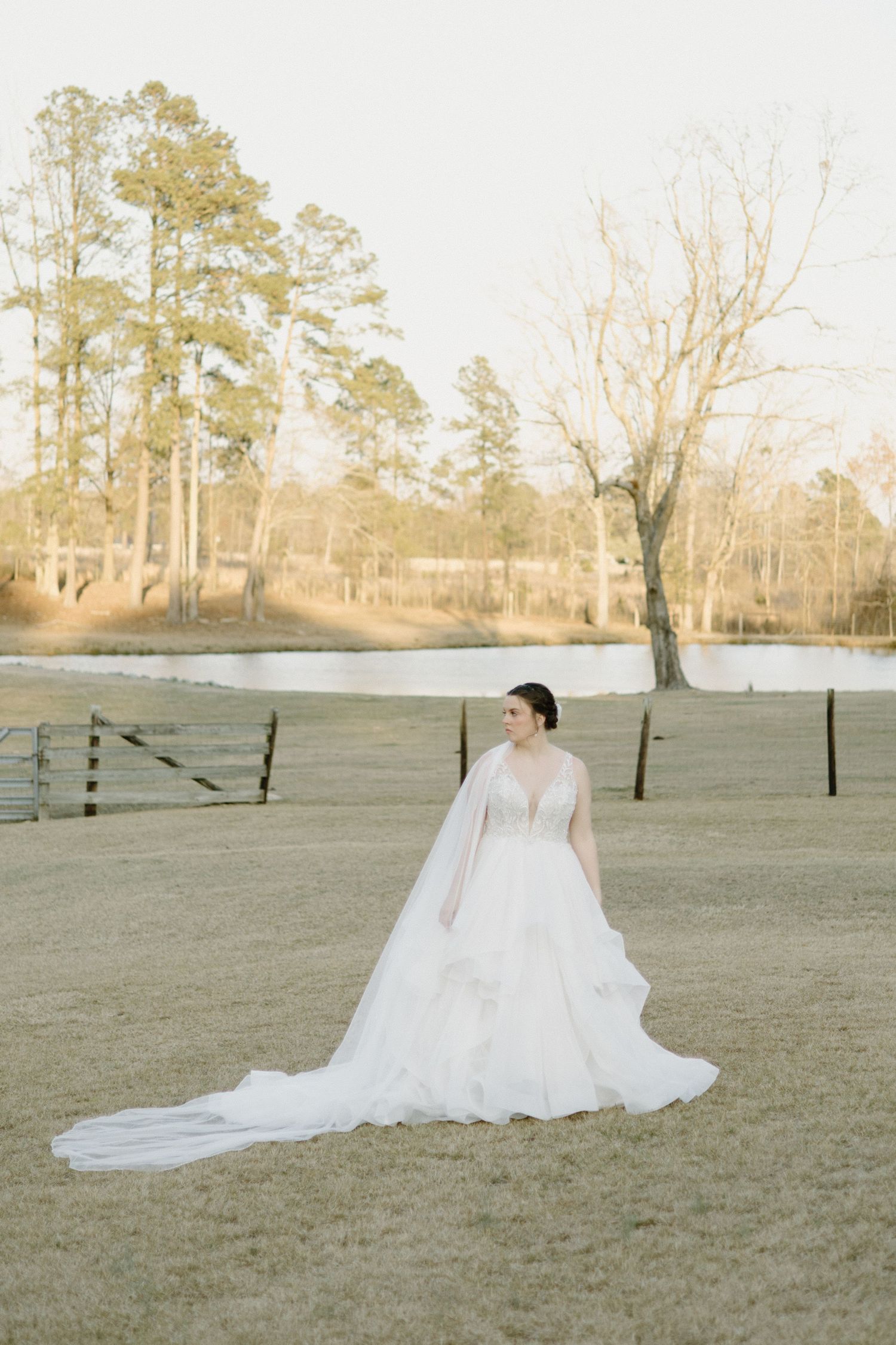 A scenic rural field with wooden fences and tall pine trees at sunset while a bride in flowing dress walks in the distance.