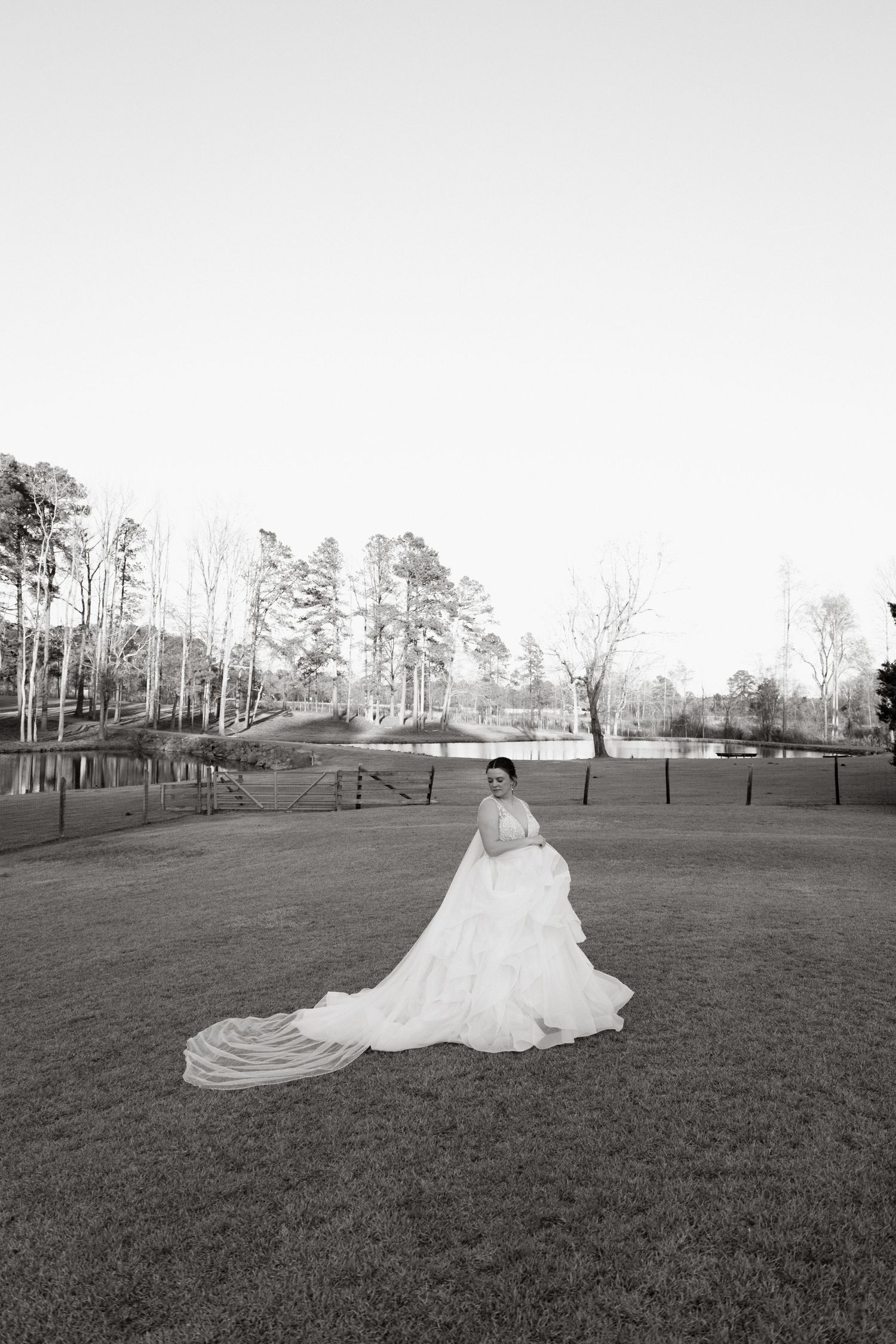 A stunning bridal portrait with a dramatic flowing gown captured on a serene grassy field with trees in the background.