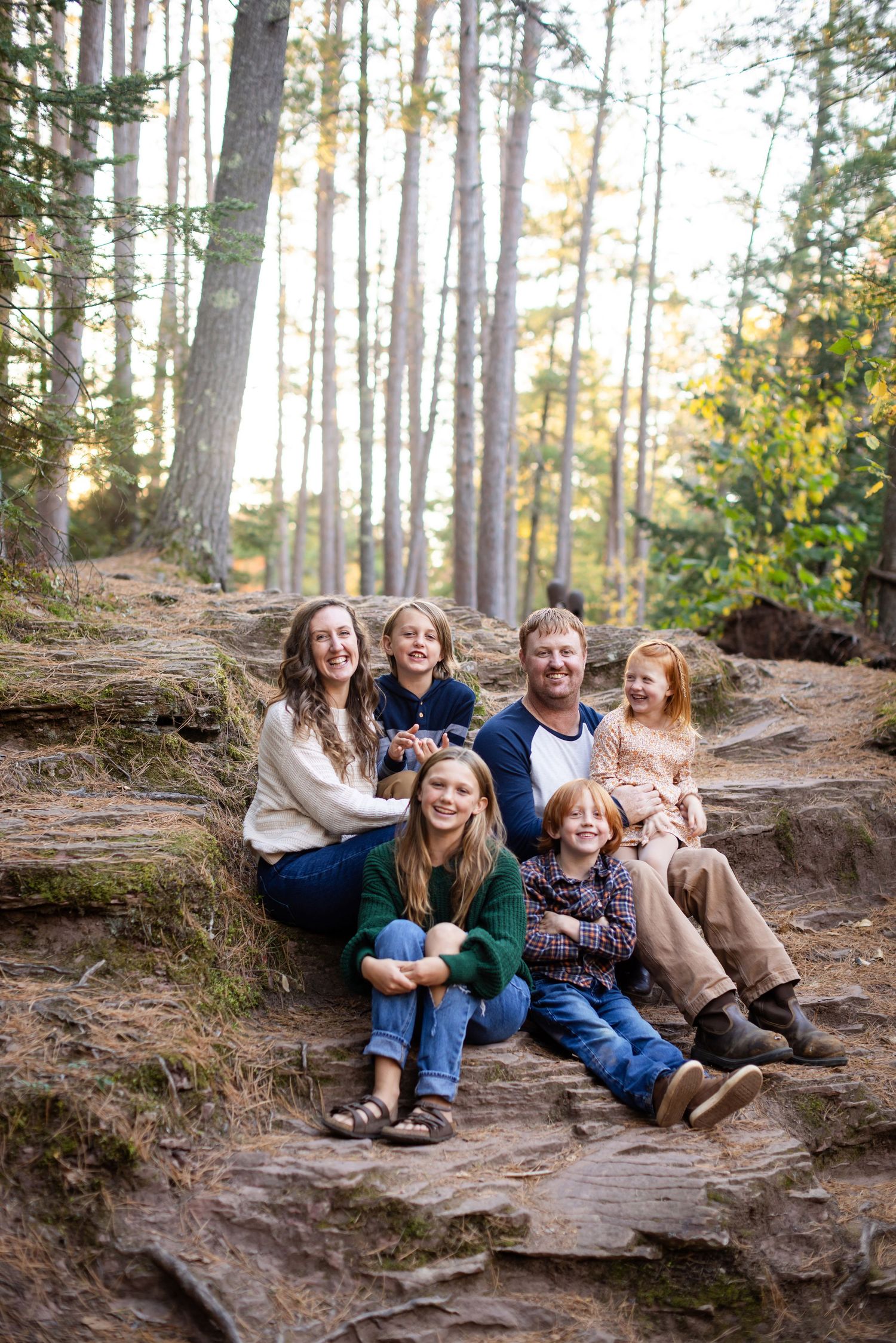 Happy group sits together on rocky forest slope with tall pine trees and golden sunlight filtering through branches.