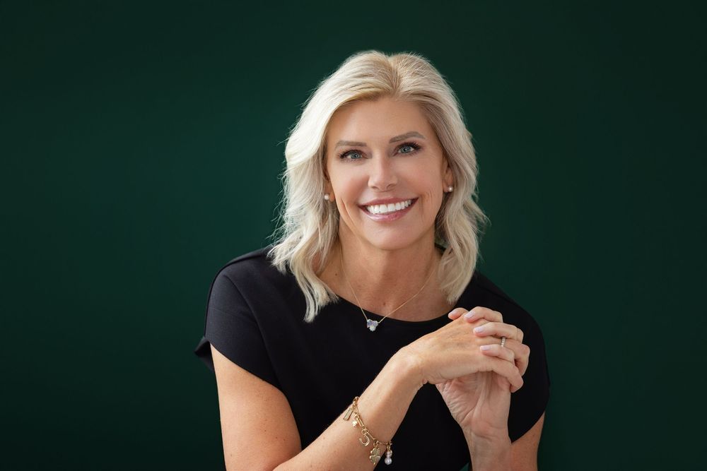 A series of headshots against a dark green background showing someone in professional attire smiling at the camera.