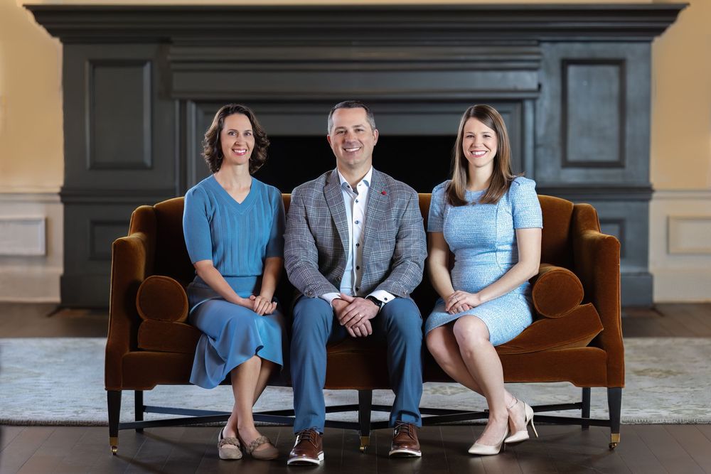 A series of five similar photos showing people seated on a brown leather couch in a formal setting.