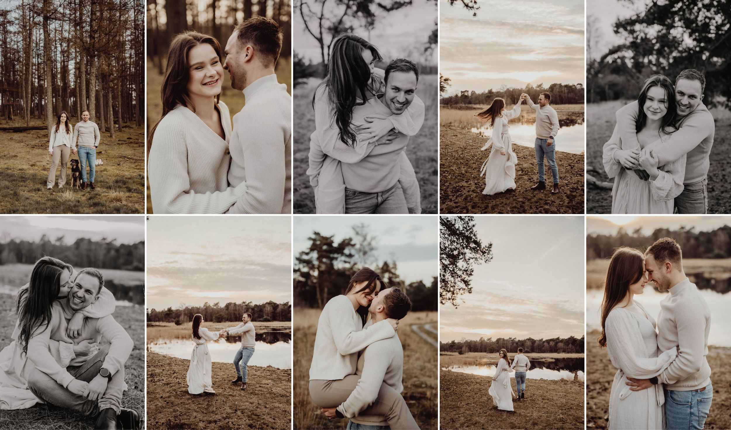 Romantic outdoor couple photography session in a rustic field setting during golden hour.