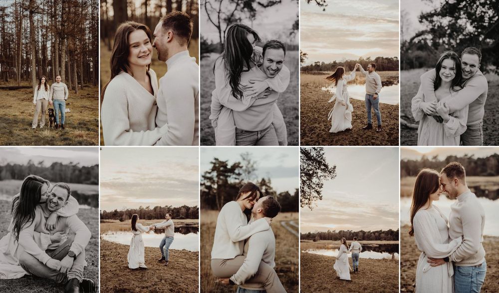 Romantic outdoor couple photography session in a rustic field setting during golden hour.