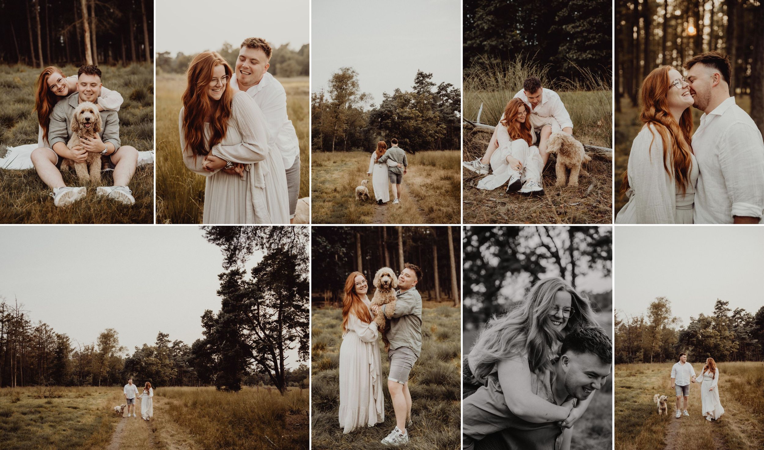 A collection of warm-toned outdoor family photos arranged in a filmstrip style showing intimate moments in nature.