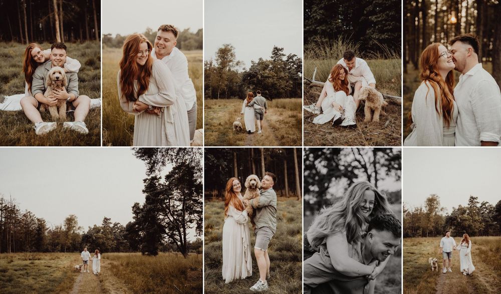 A collection of warm-toned outdoor family photos arranged in a filmstrip style showing intimate moments in nature.
