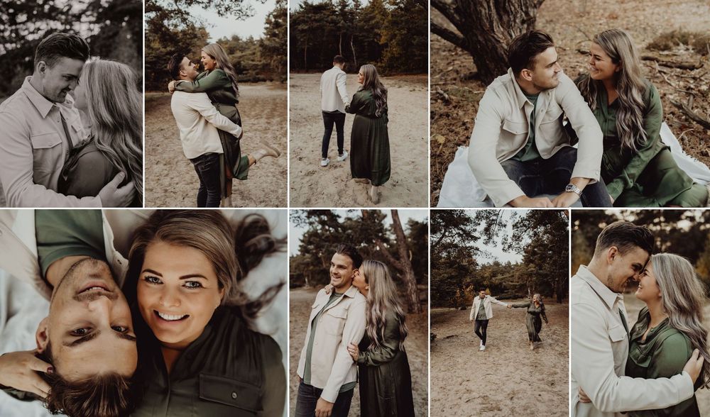 A collection of intimate black and white and color photographs showing candid romantic moments between couples outdoors.