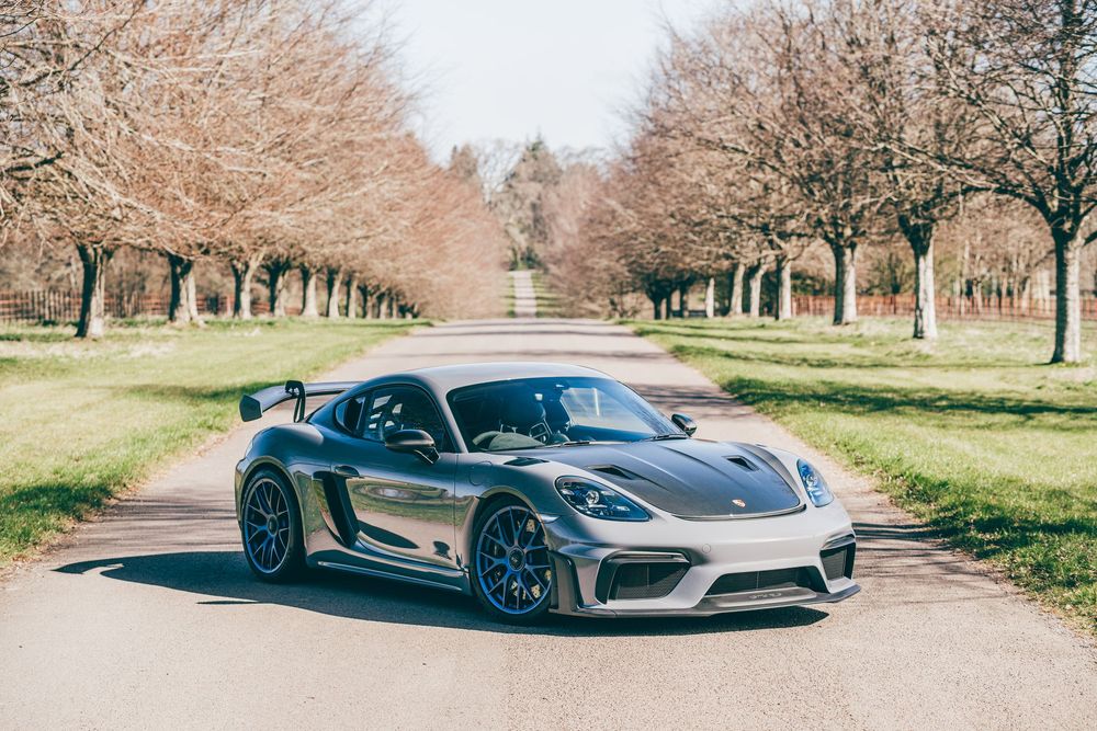 A silver Porsche Carrera GT supercar parked on a scenic tree-lined road during autumn.