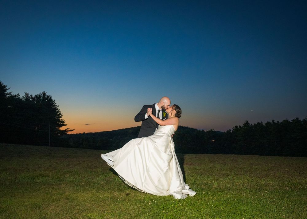 A series of romantic sunset wedding photos showing silhouettes of a couple in an open field at dusk.