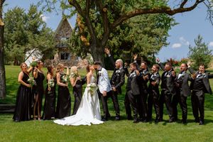 Wedding party and guests gather on a grassy lawn for group photos with trees and blue sky in background.