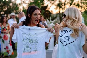 A collage of wedding celebration moments showing t-shirts, hugs and joyful reactions at sunset.