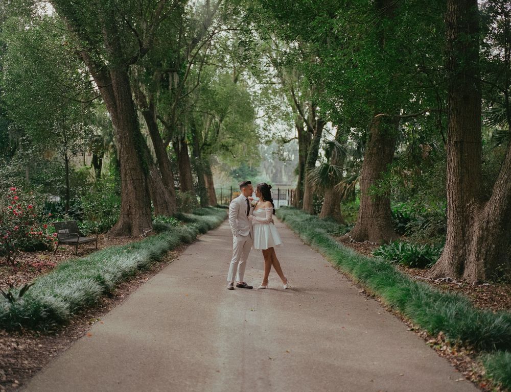 Two people walk along a tree-lined path surrounded by lush green foliage in a romantic outdoor setting.
