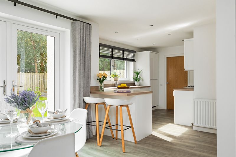 Bright and modern open concept living space with white walls, hardwood floors, and large windows letting in natural light.
