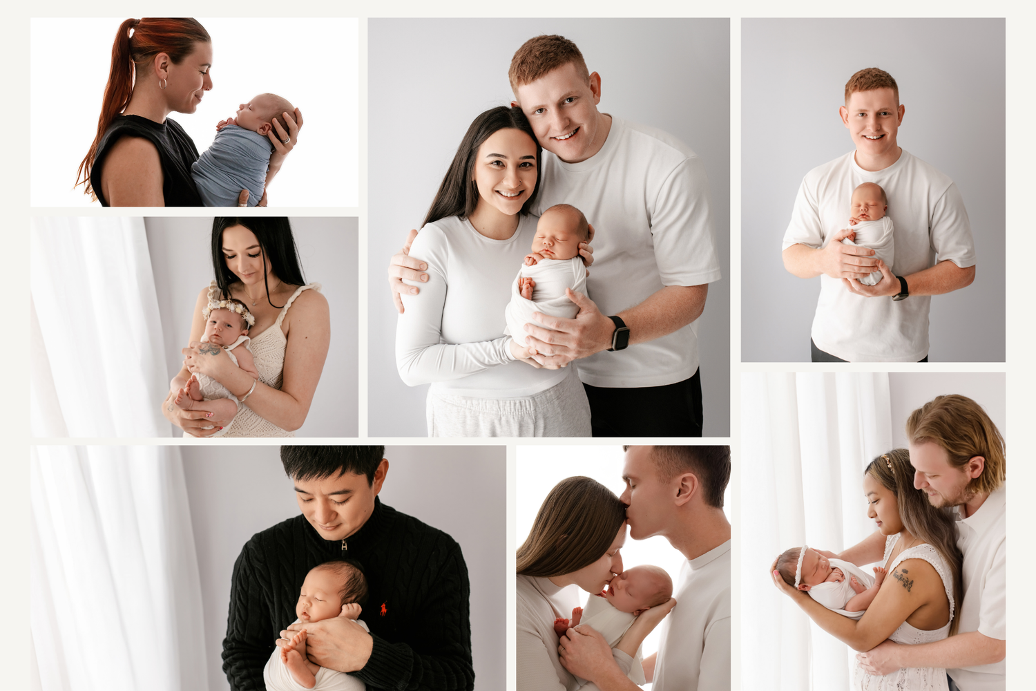 Adelaide newborn family photo on clean white background by Lin Photography - parents lovingly holding sleeping baby