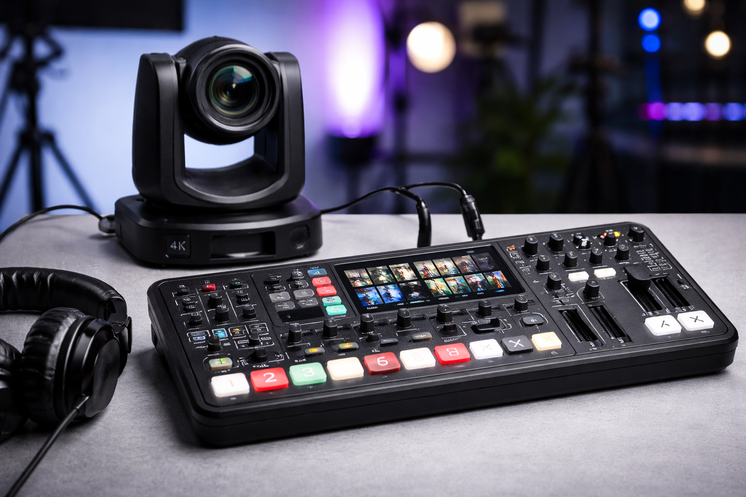 Professional video production equipment including cameras and control panels arranged on dark surface with purple lighting.