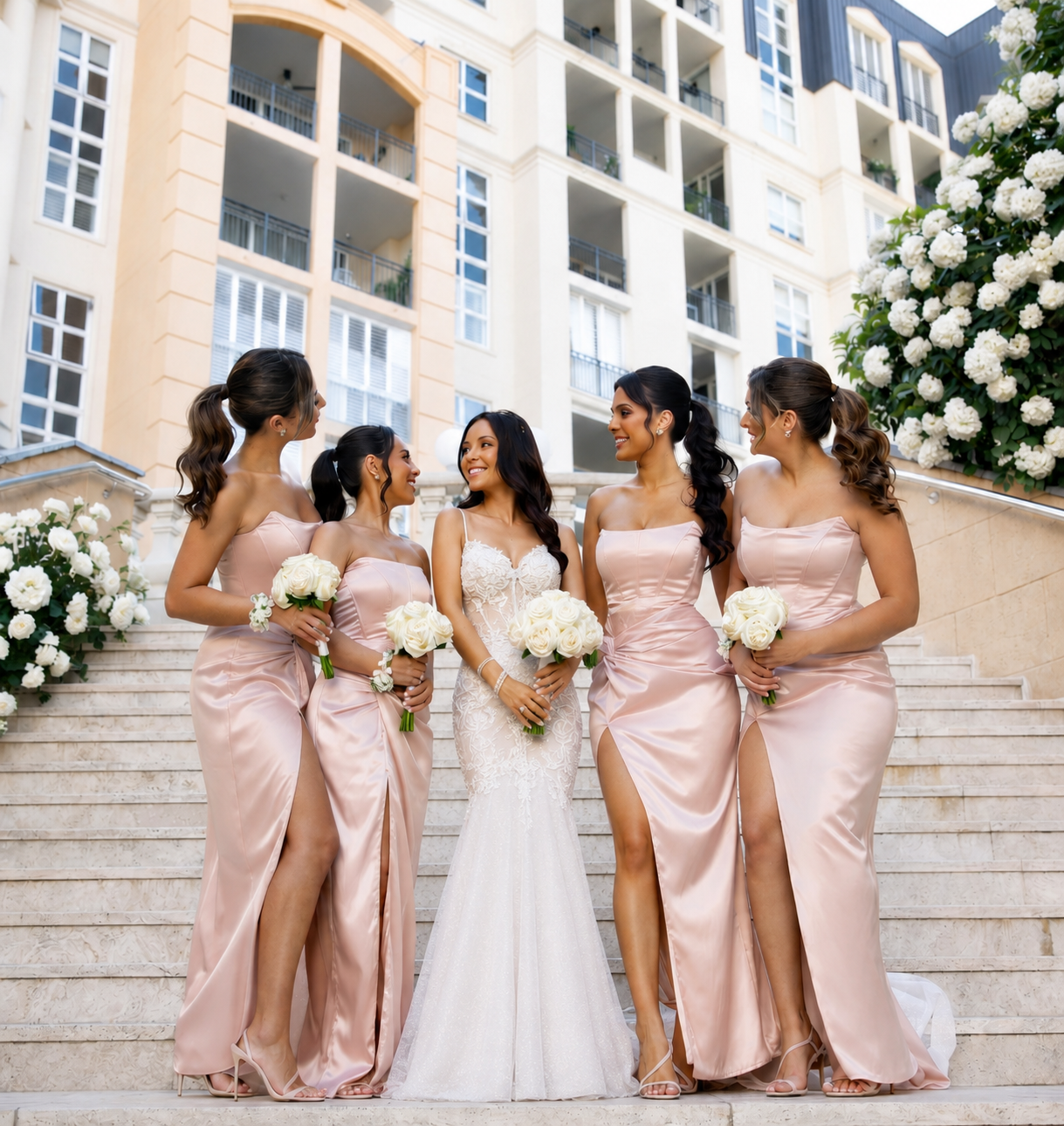 Bride and four bridesmaids in blush satin gowns holding white bouquets on elegant staircase.