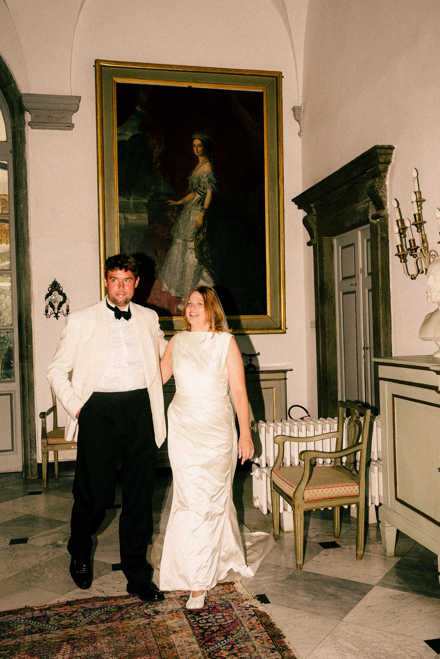 A sequence of four vintage-style photos showing couples dancing in an elegant hallway with ornate decor and paintings.