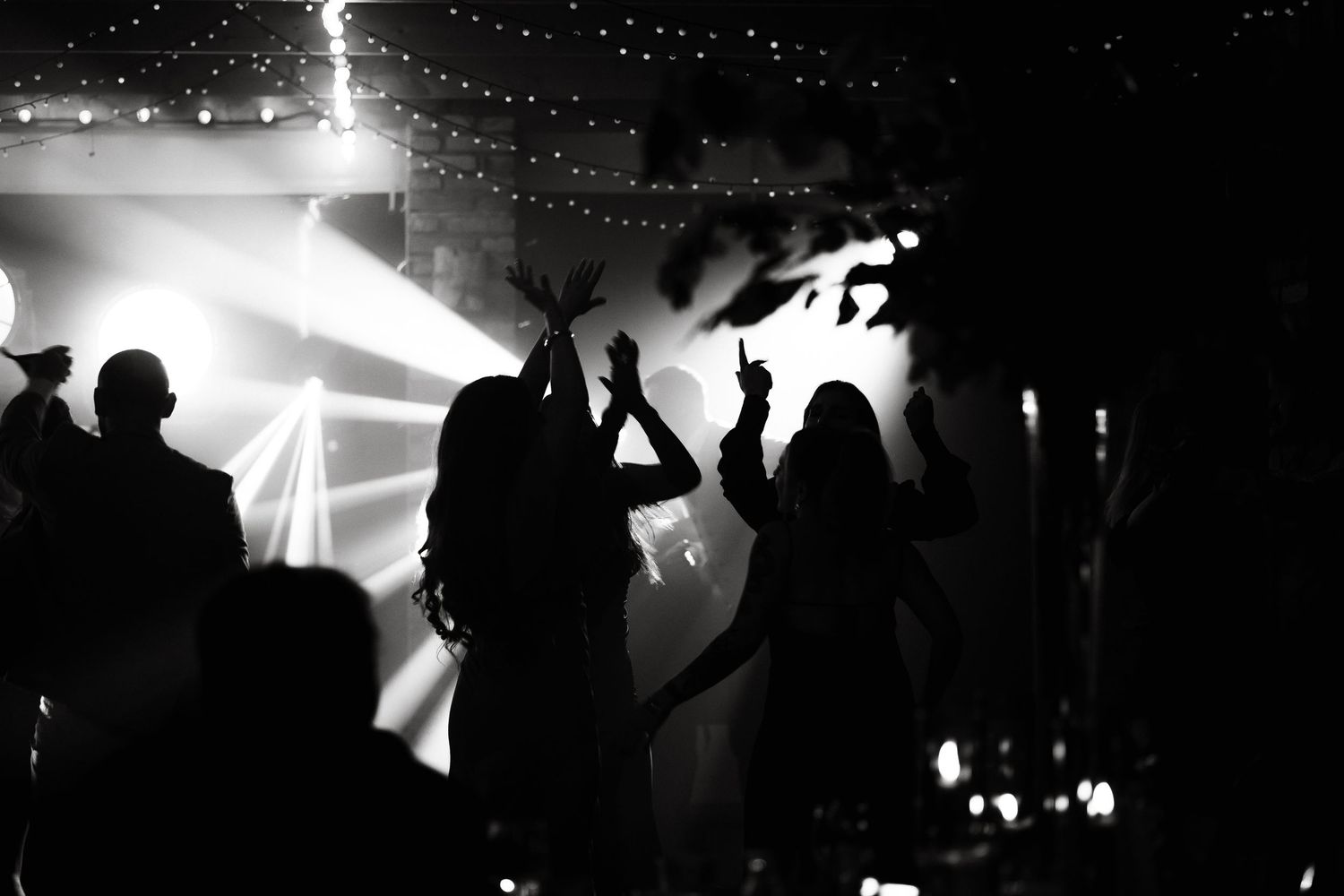 Silhouettes of concert attendees dancing with bright stage lights and smoke effects in a dark nightclub atmosphere.