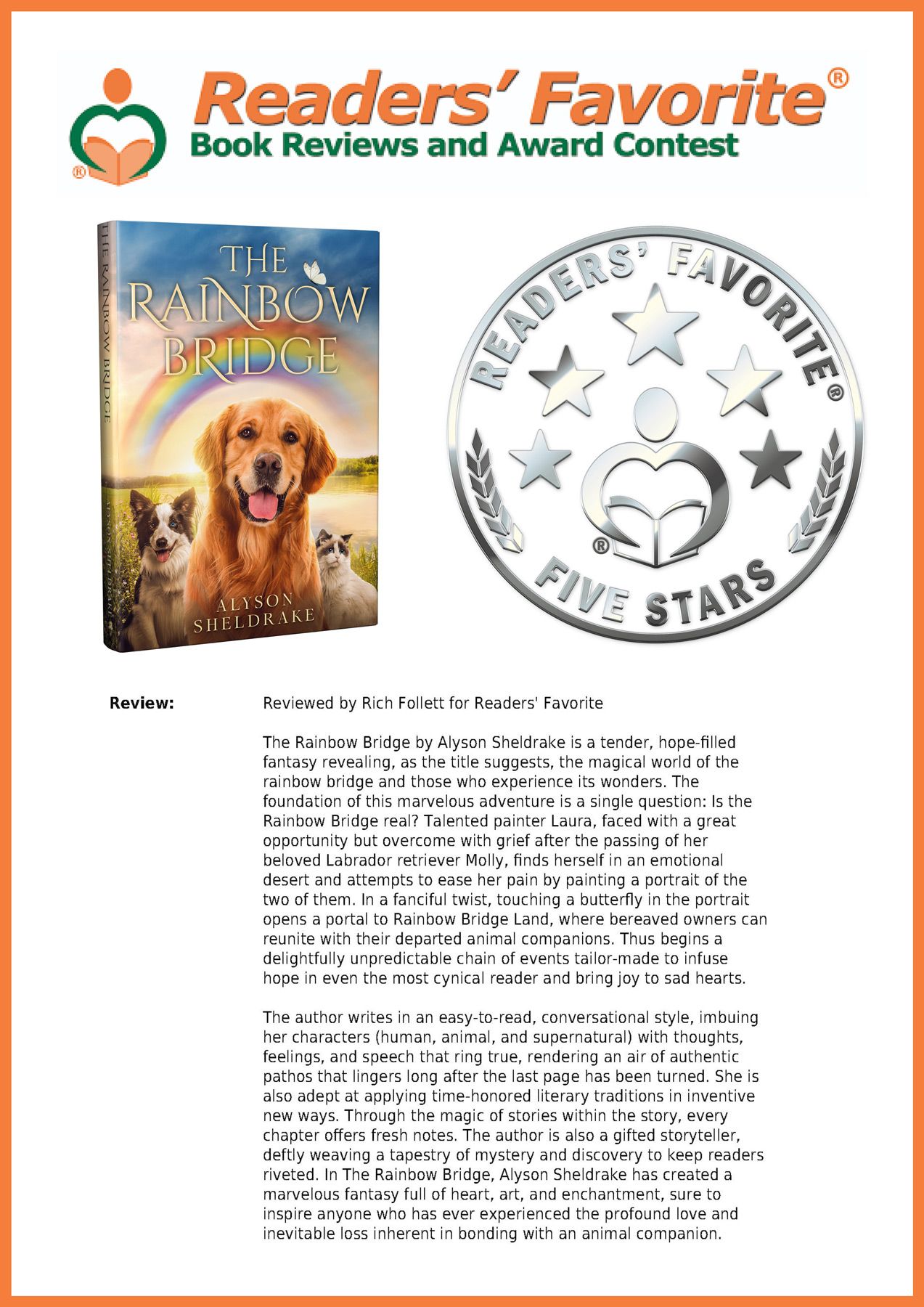 Five-star Readers Favorite review for The Rainbow Bridge by Alyson Sheldrake.