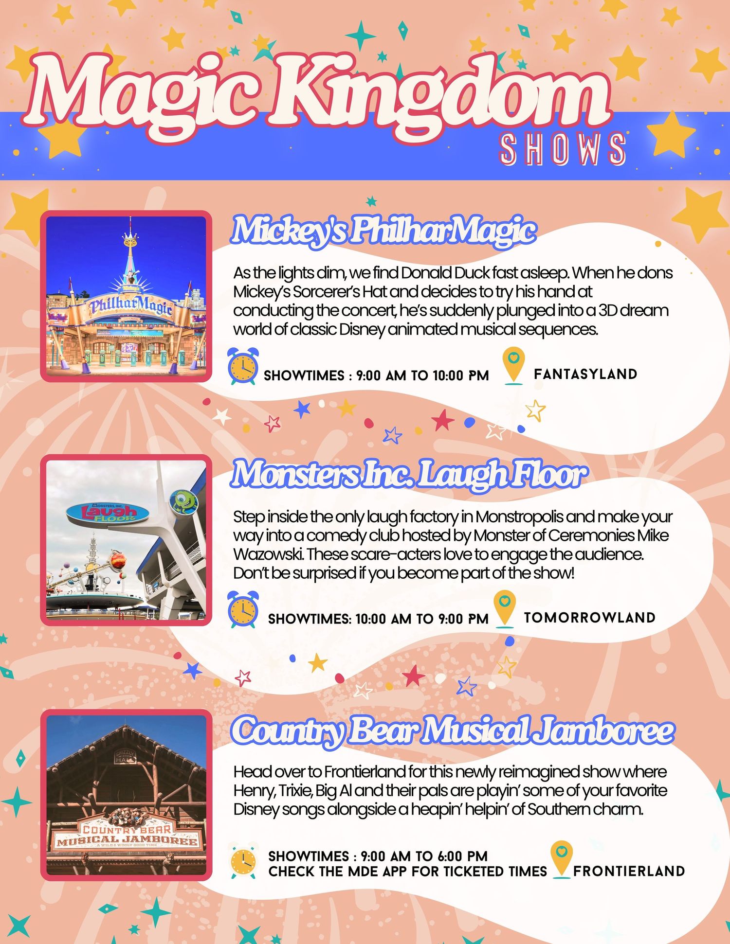 A pink park map showing schedule details and character show times at Disney's Magic Kingdom theme park.