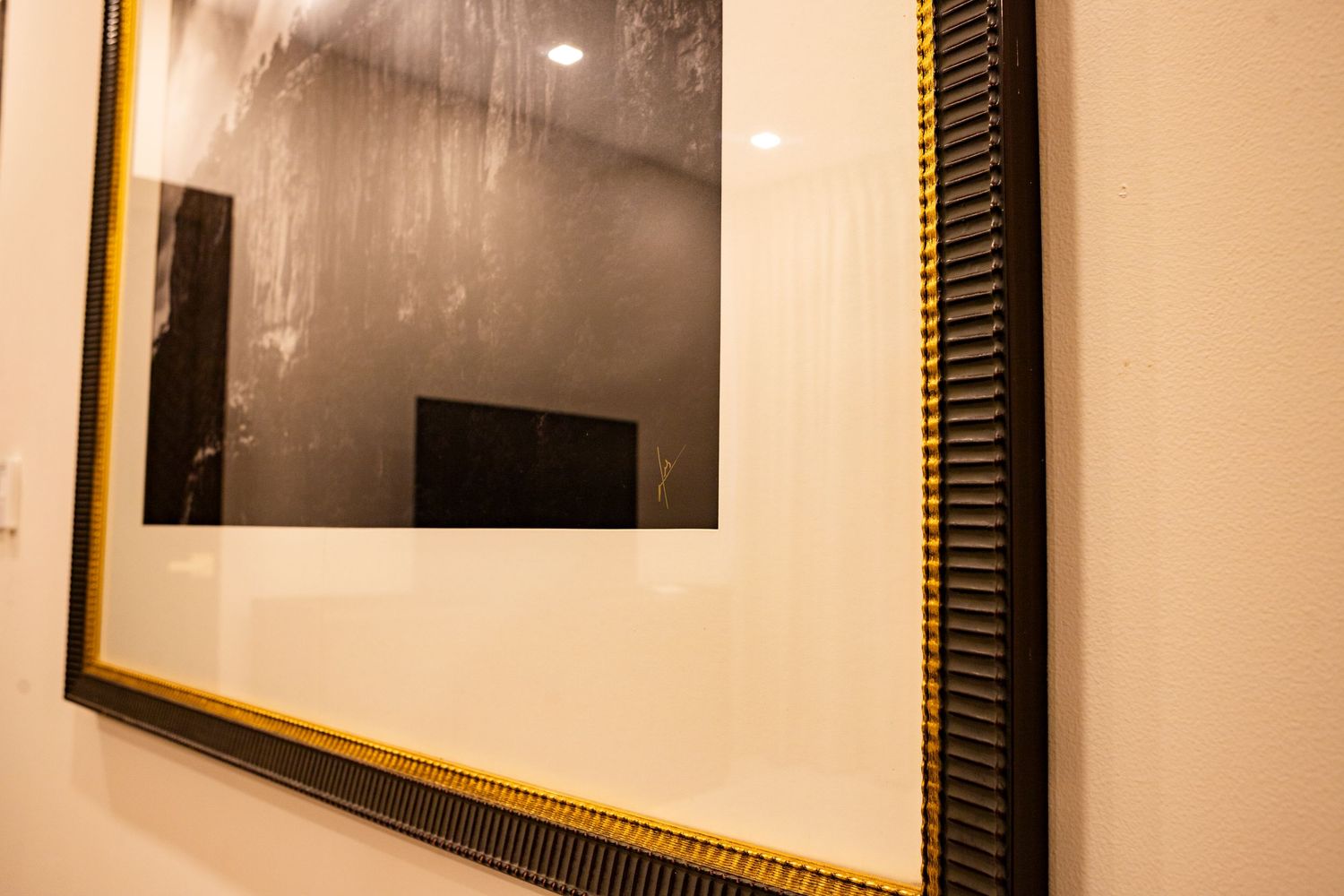 Elegant framed artwork with gold and black ornate border hanging on a white wall in a modern interior.