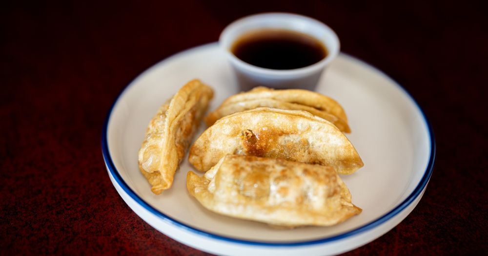 Three golden gyoza dumplings served with dark dipping sauce on a white and blue plate.