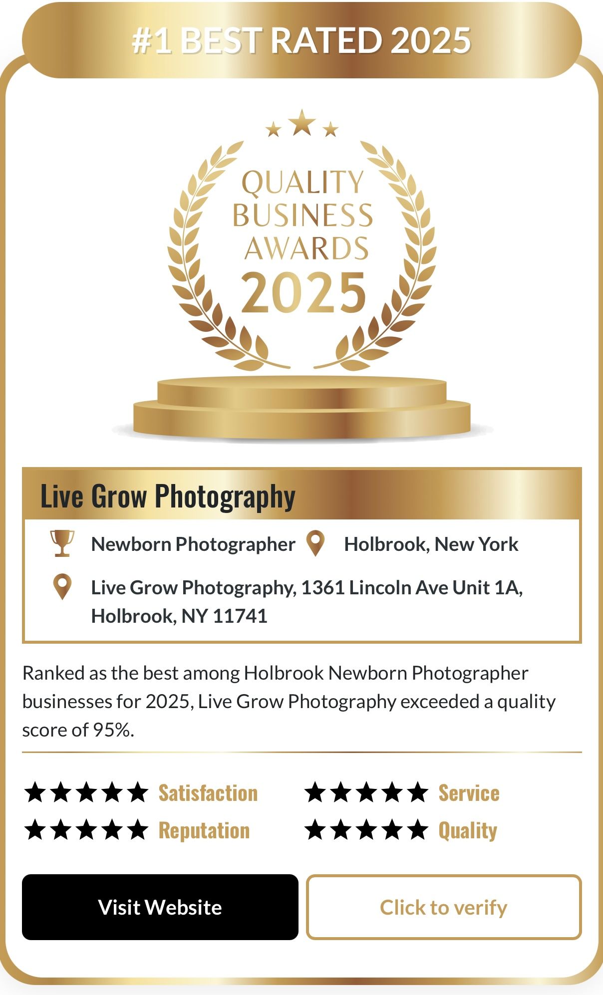 Gold metallic Quality Business Awards 2025 badge for Live Grow Photography in Holbrook NY with star ratings and service details.