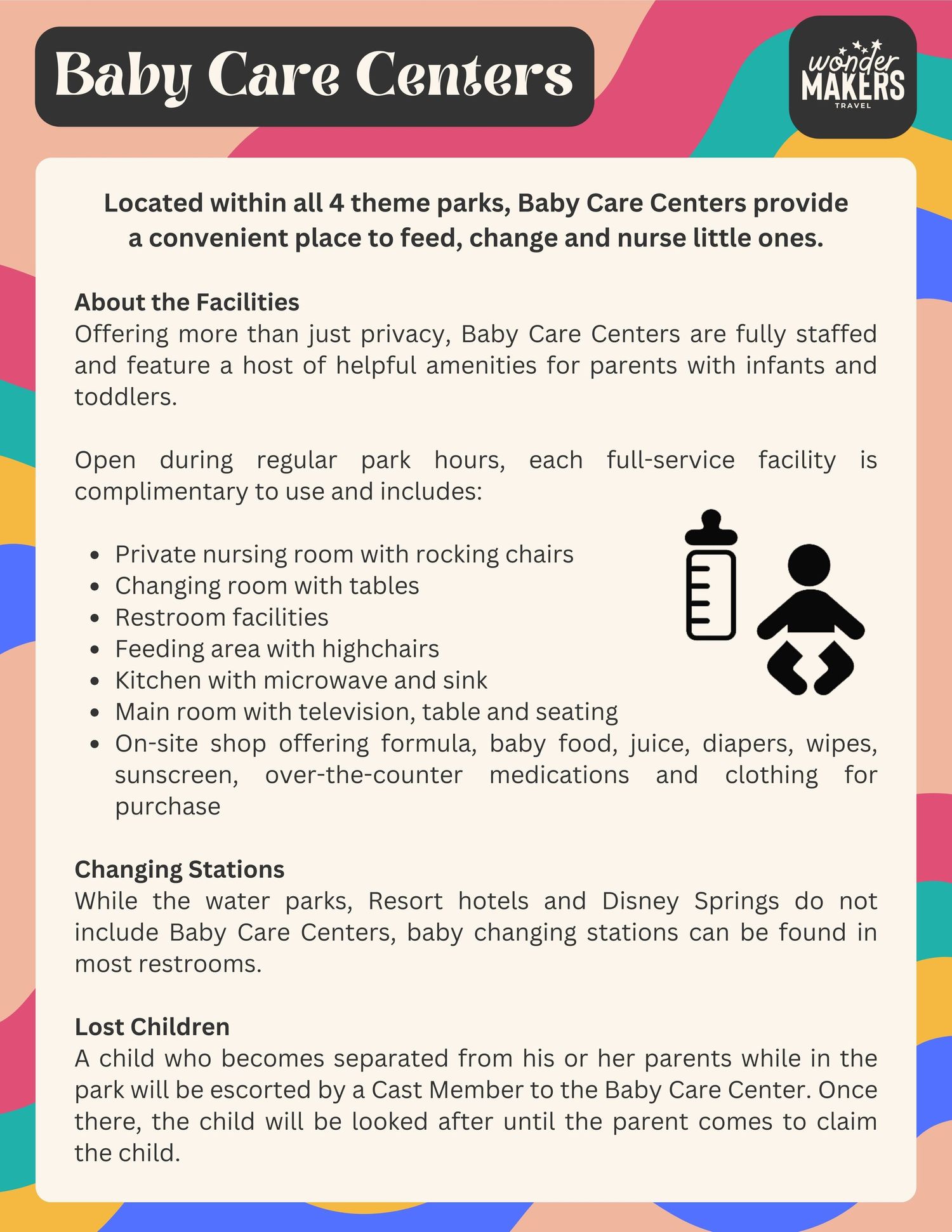 Informational sign describing Baby Care Centers at theme parks with amenities, facilities, and guidelines for use.