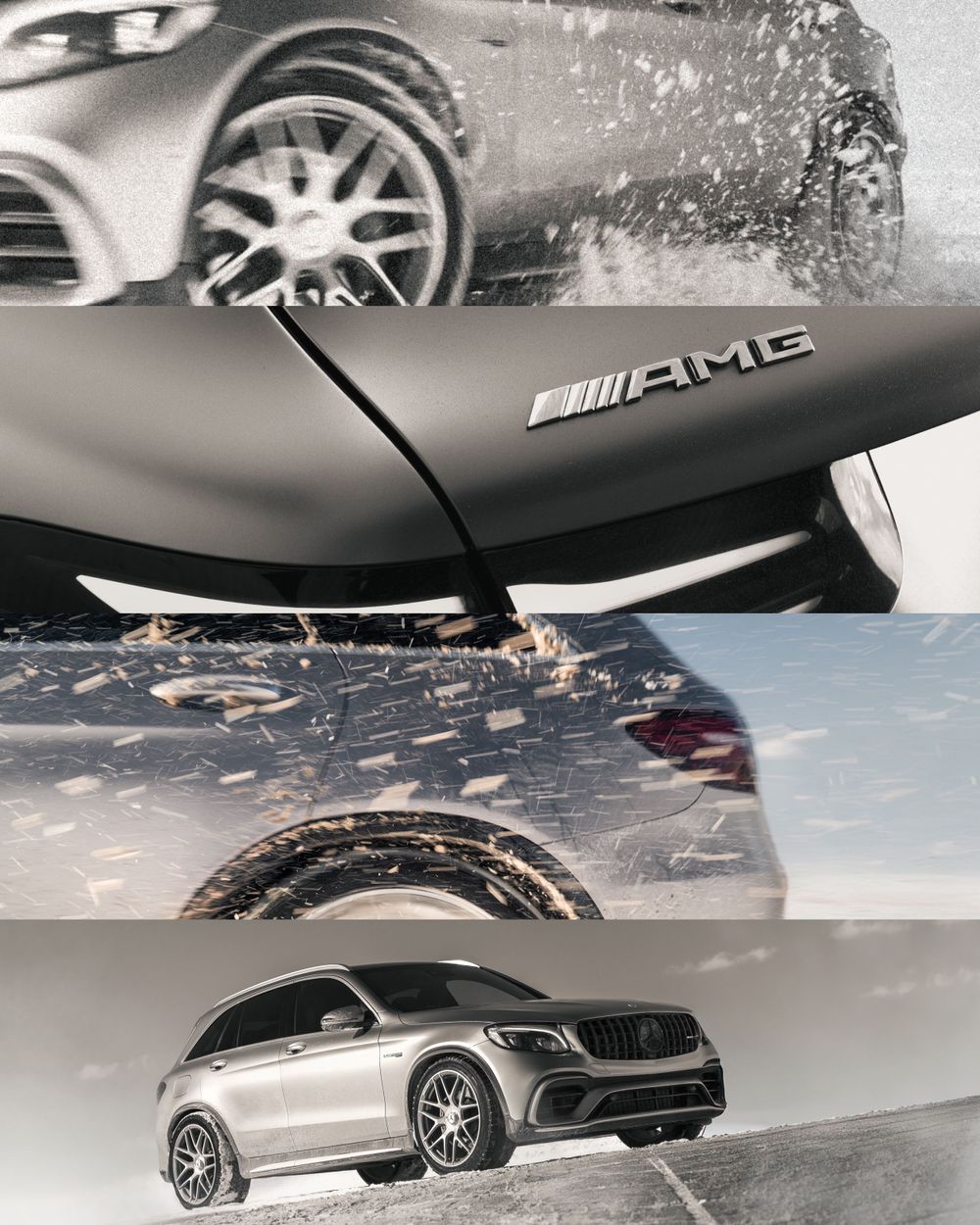Mercedes-AMG performance vehicle details showing badging, wheel splashes, and a silver luxury SUV in dynamic poses.