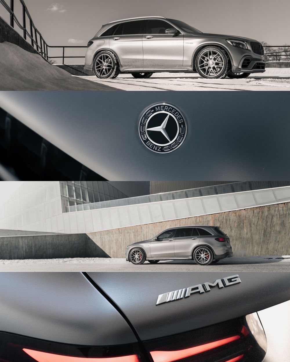 Sleek silver Mercedes-AMG SUV shown from multiple angles highlighting its sporty design and distinctive badging.