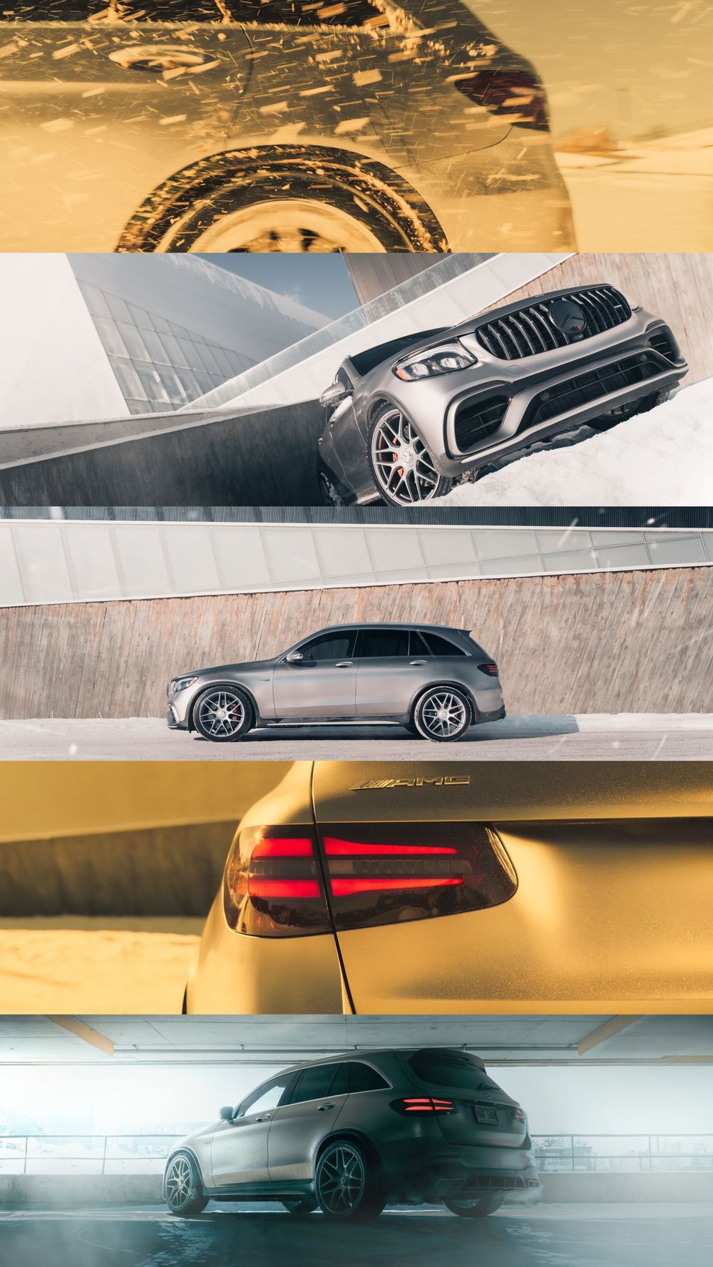 A collection of dramatic car photography showcasing a Mercedes-Benz GLC from different angles in moody lighting conditions.