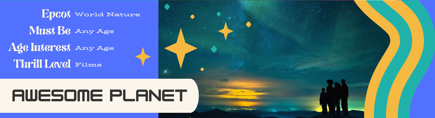 A scenic illustration shows a sunset over a distant planet with silhouettes against a vibrant sky and colorful design elements.