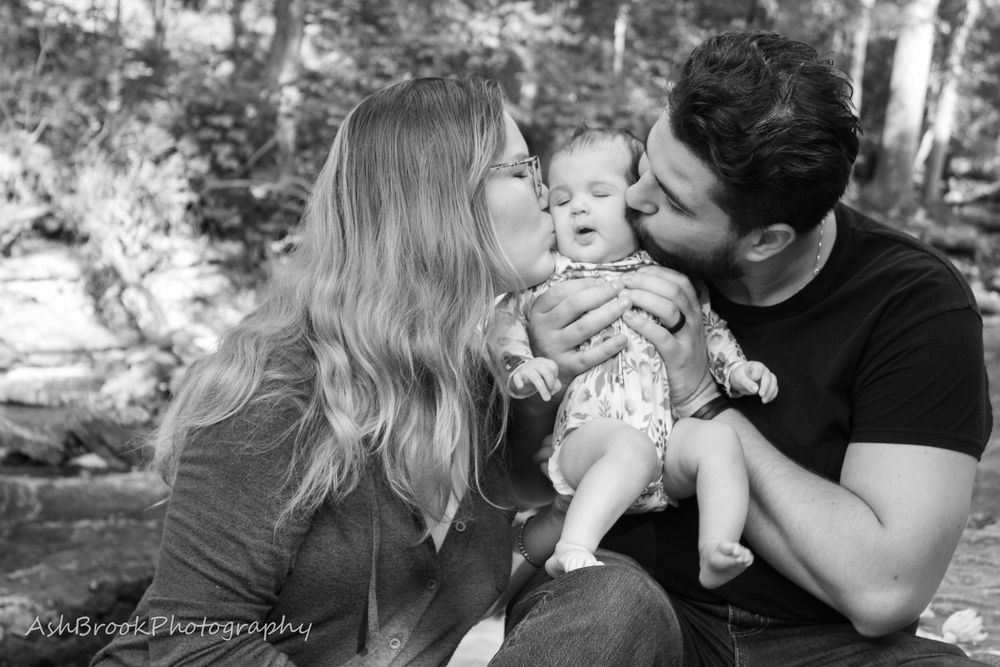 Parents kissing baby