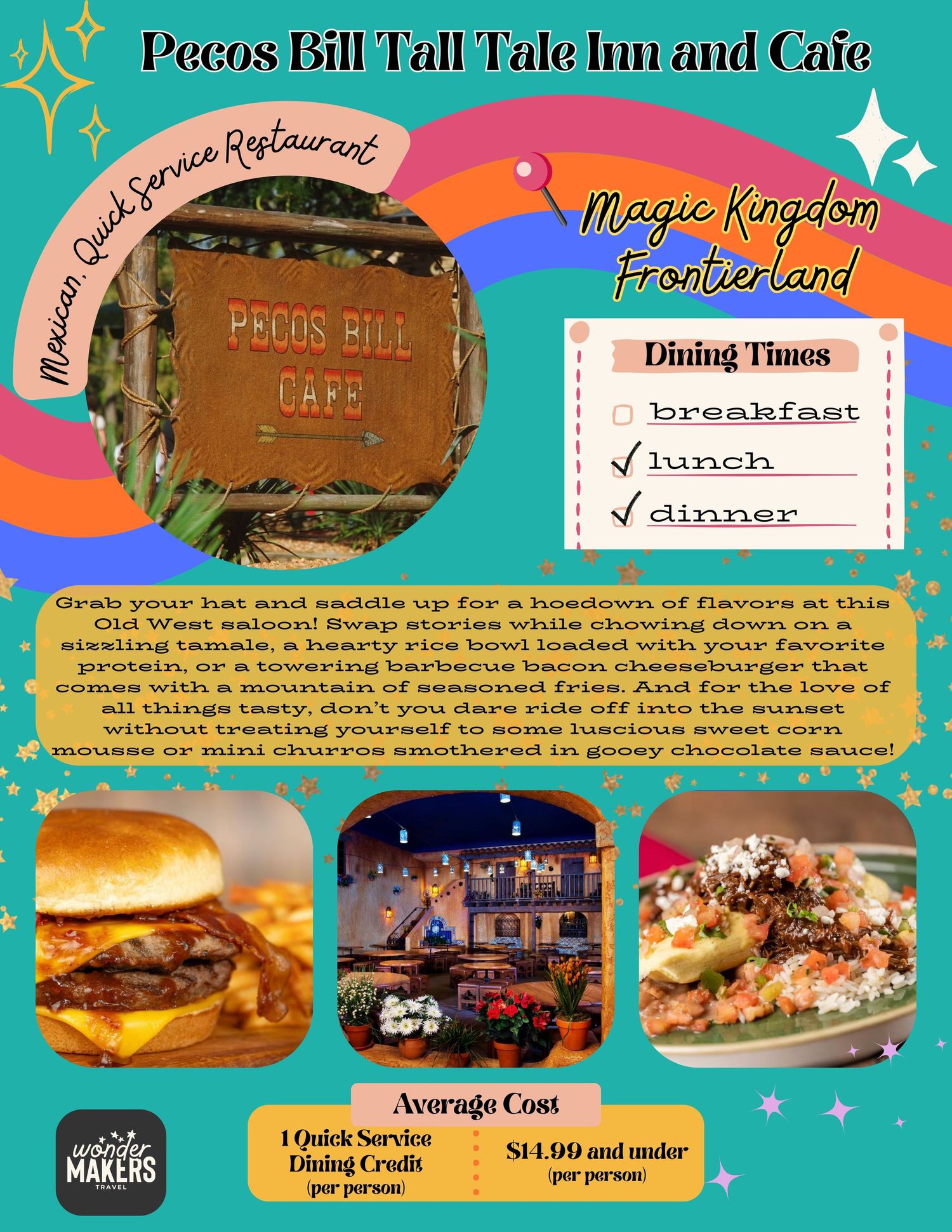 A restaurant sign advertisement featuring Pecos Bill Cafe with images of a hamburger and nachos platter.