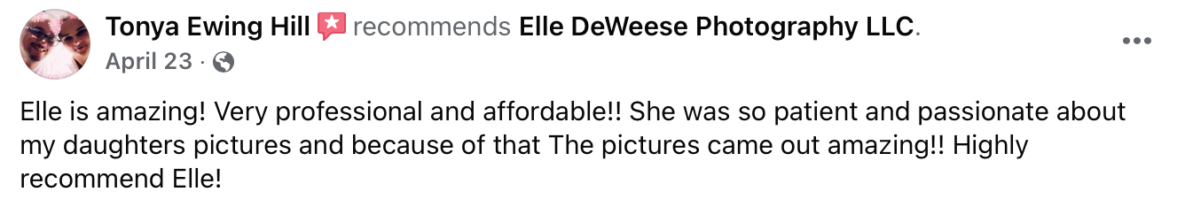 A review commending the photographer's patience and professionalism during family photo sessions.