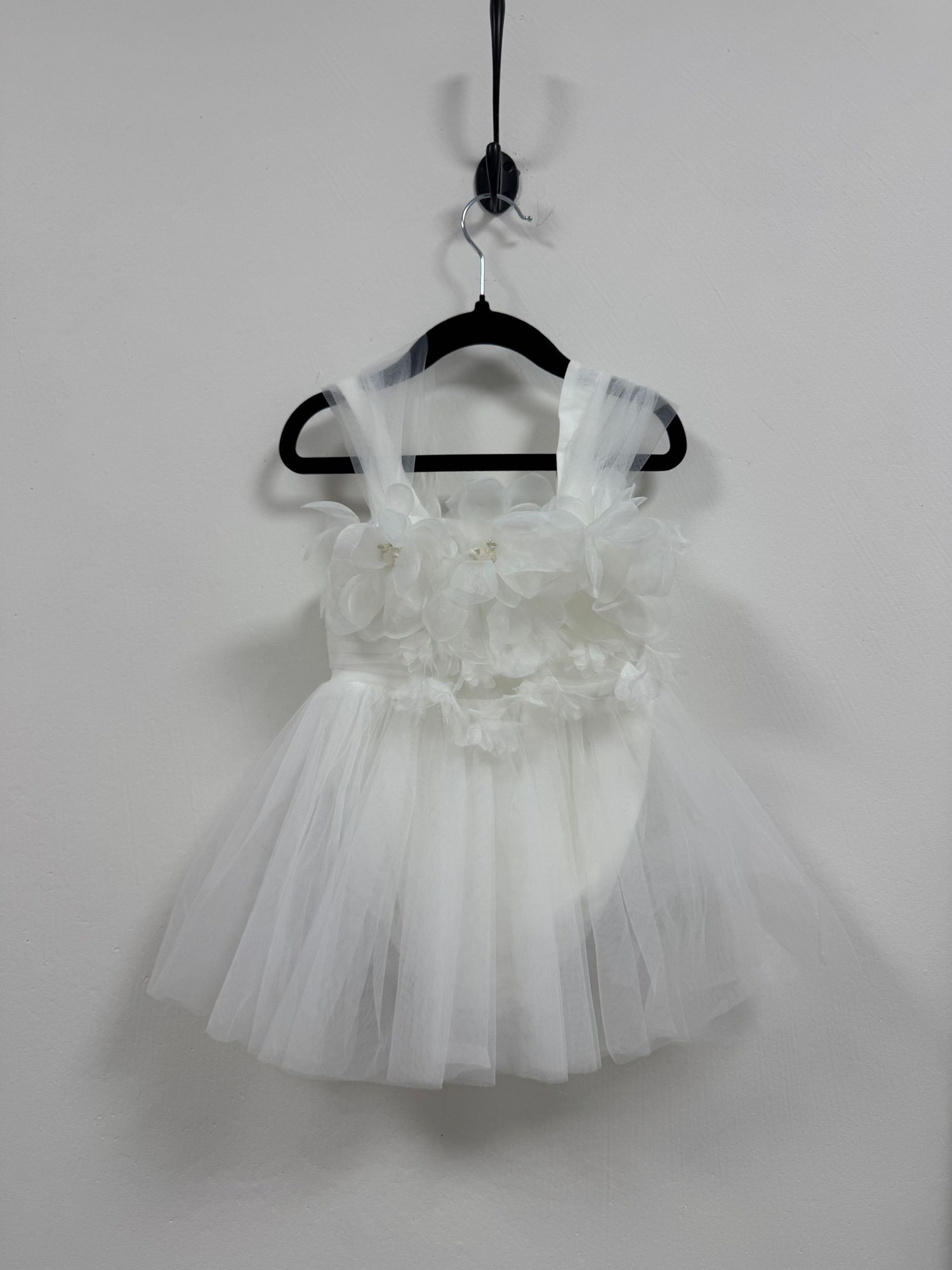 Pretty pink tulle dress with sequined embellishments and ruffled neckline for special occasions, shown in multiple angles.