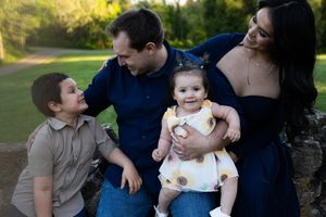 A series of candid family moments captured in a sunny outdoor park setting.