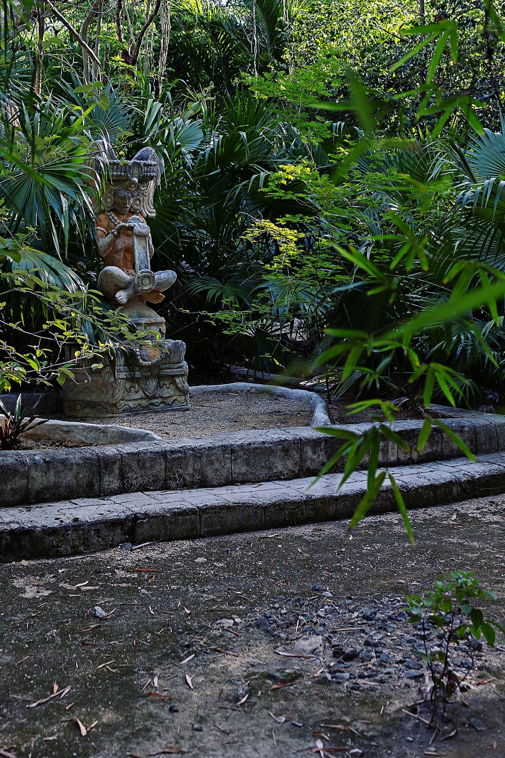 A garden path bordered by a concrete retaining wall with tropical plants and greenery on display.