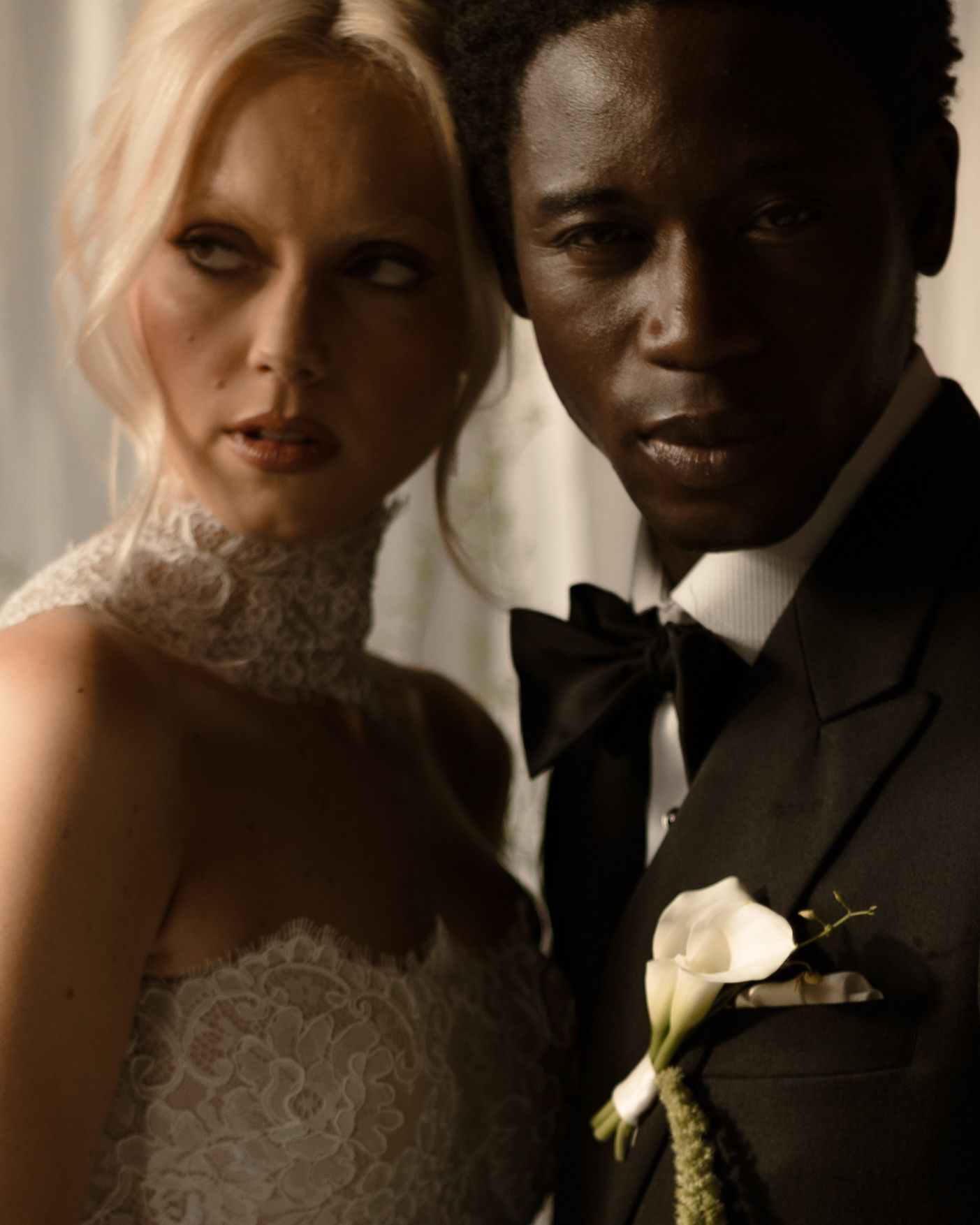 A romantic series of wedding portraits showing a bride and groom in intimate poses against a soft natural light background.