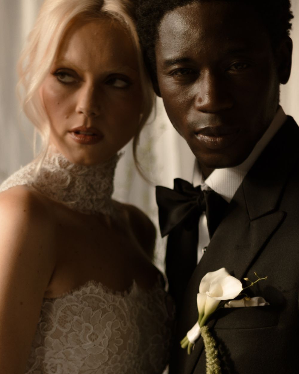 A romantic series of wedding portraits showing a bride and groom in intimate poses against a soft natural light background.