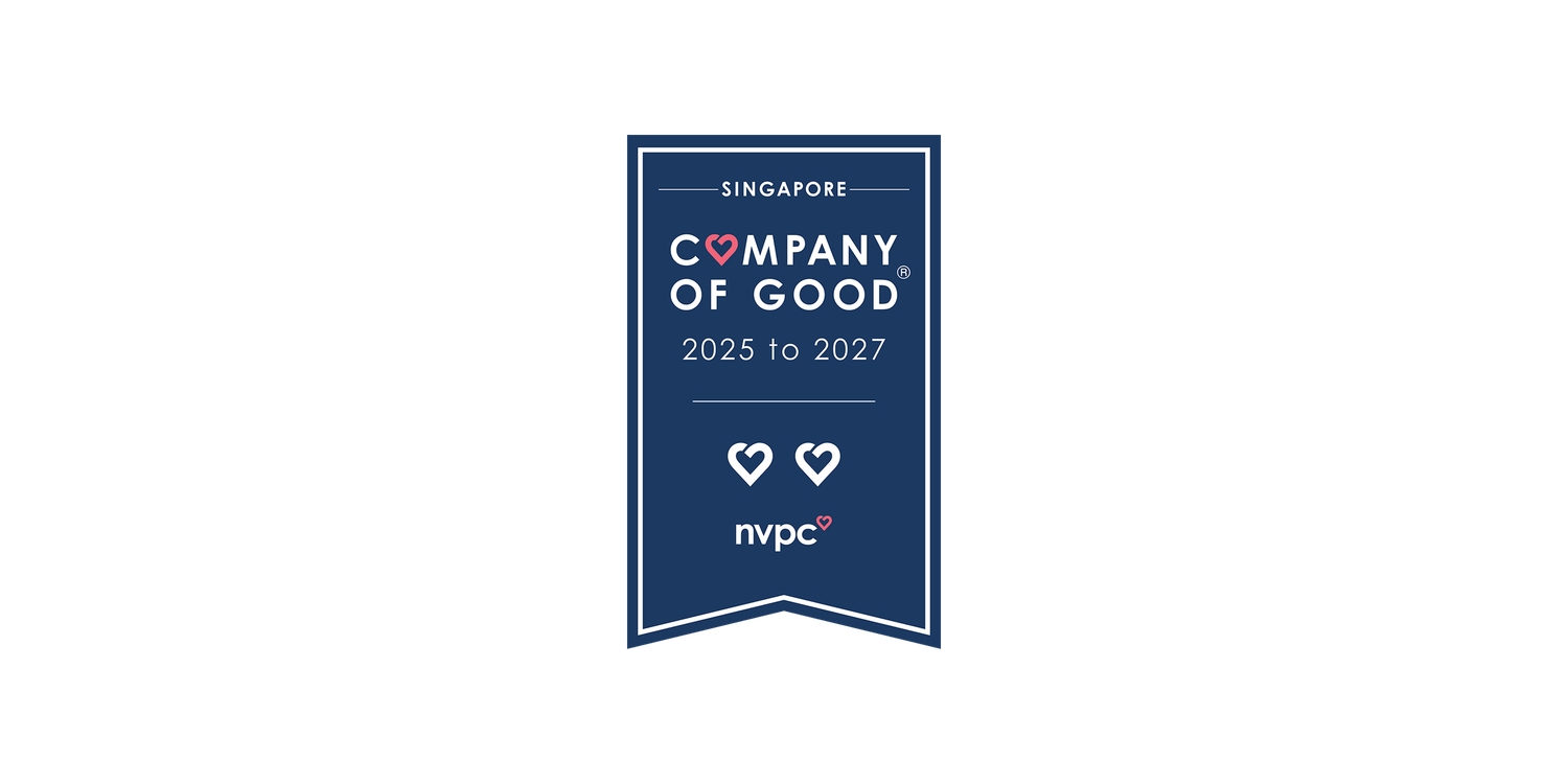 Corporate banner design featuring 'Company of Good' text on dark blue background.