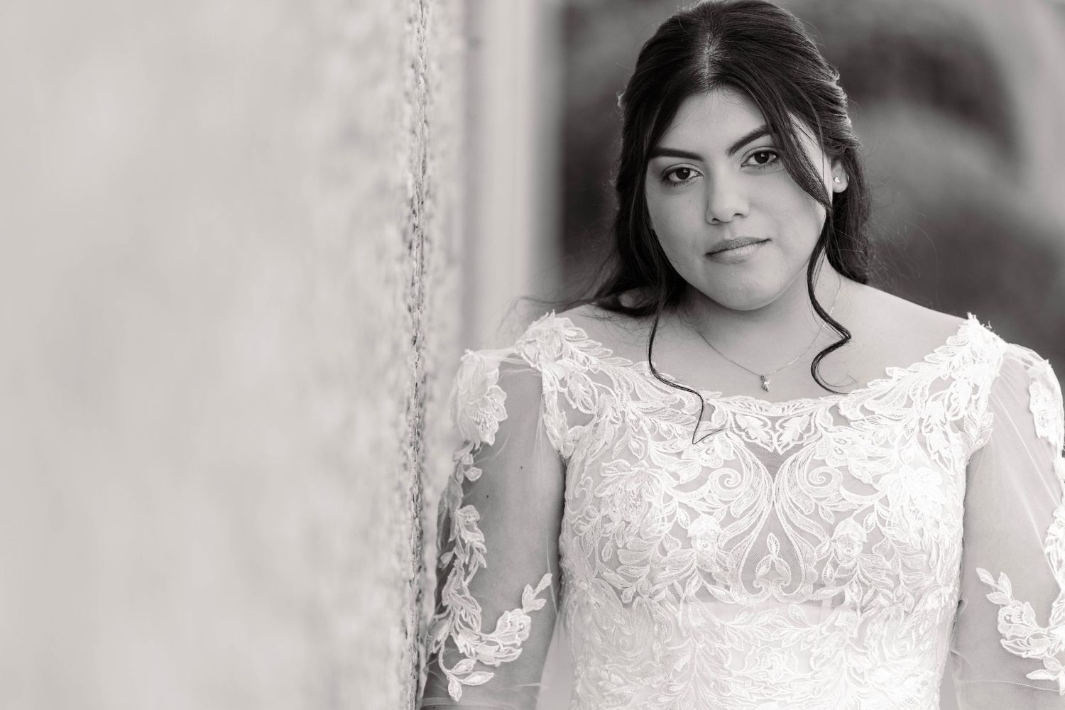 Elegant bridal portraits featuring lace detailed wedding gown against neutral background.