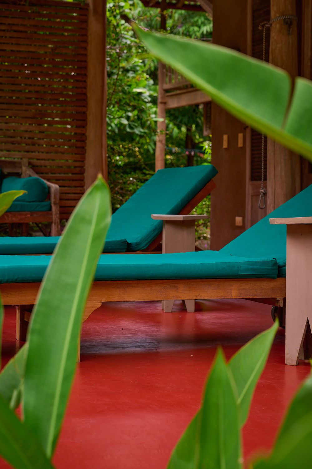 Teal lounge chairs on a reddish wooden deck with tropical green leaves framing the scene.