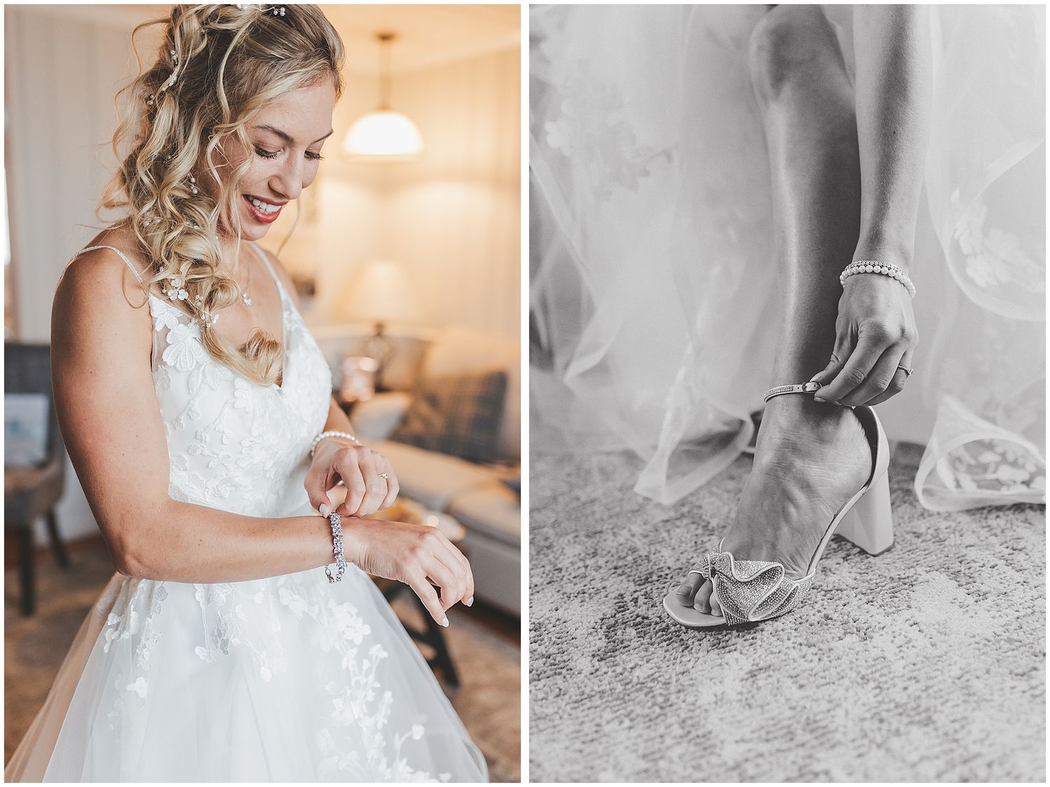 Detailed shots of bride getting ready in white wedding gown.