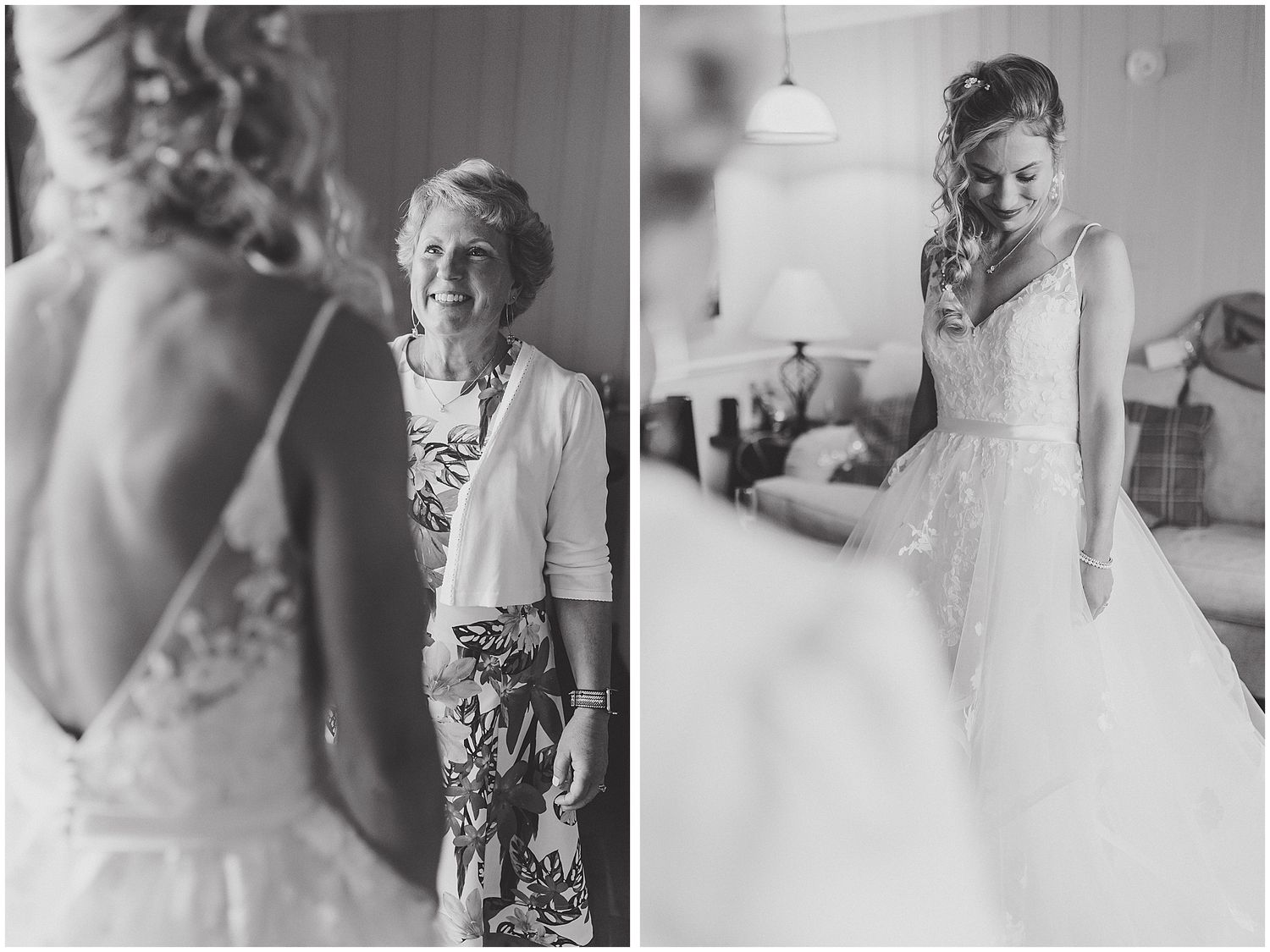 Black and white candid moments during wedding preparation.