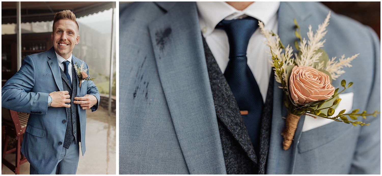 Groomsmen in blue suits with peach boutonniere details.