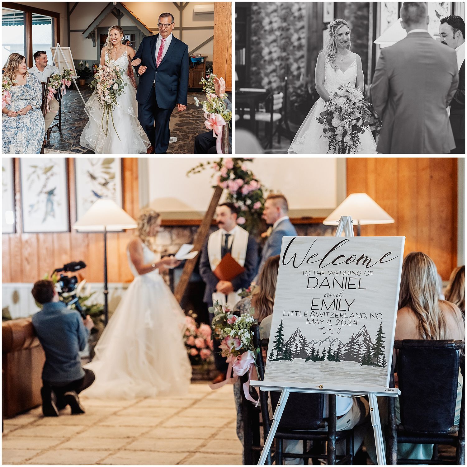 Wedding ceremony and reception candid moments with decorative signage.