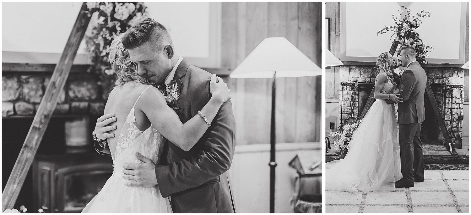 Black and white series of romantic first dance moments at wedding reception.