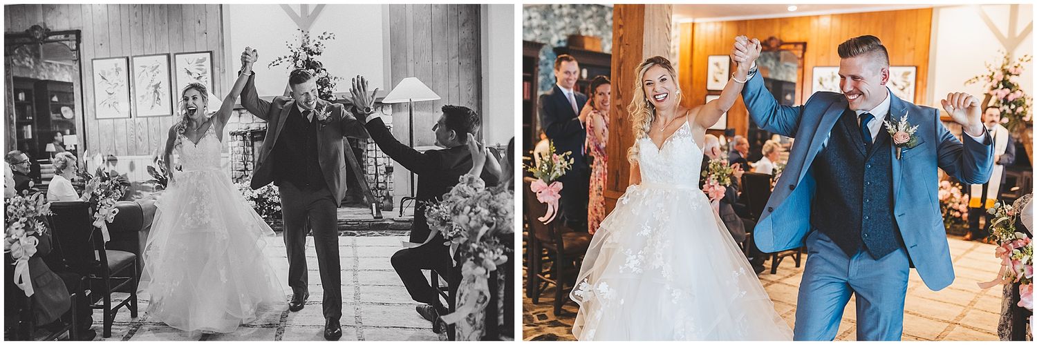 Wedding ceremony taking place indoors with moody lighting and festive decorations.