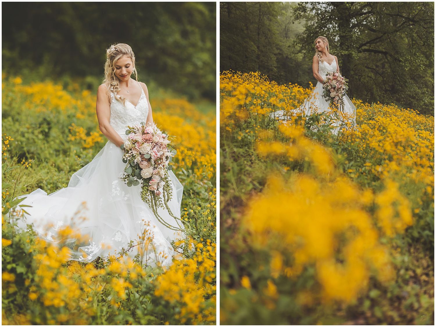 Bride in white gown poses among yellow wildflowers during outdoor wedding photoshoot.